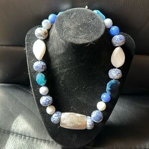 Blue and White Beaded Necklace with Silver Accent by Simon Sebbag Designs